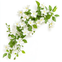 Elegant White Jasmine Flowers with Lush Green Leaves on a Clean White Background