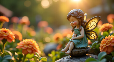 Whimsical fairy statue surrounded by vibrant flowers in a garden
