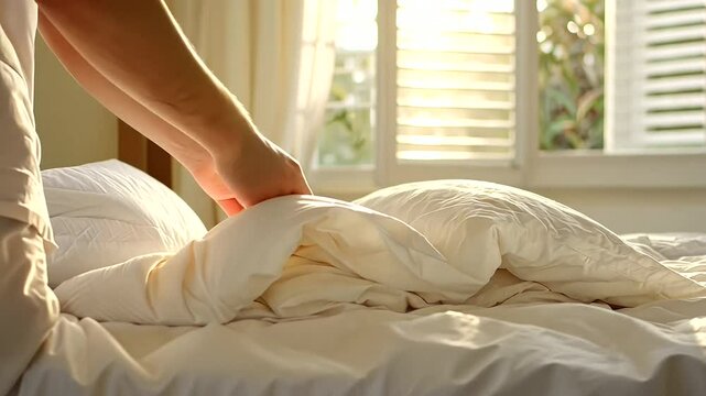 Making the Bed in Bright Airy Bedroom