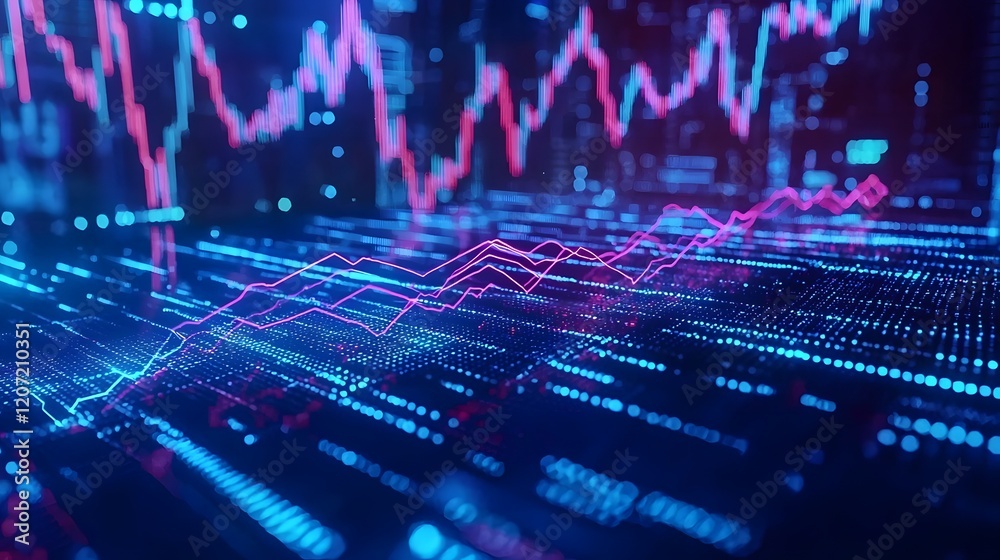 Poster futuristic digital graph display with intertwined upward and downward trend lines representing the d