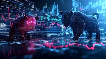 Futuristic and high tech market background featuring holographic bull and bear figures overlaid on digital trading charts graphs and financial data visualizations