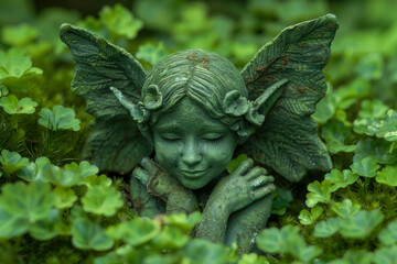 Obraz premium Green fairy statue surrounded by lush clover in a serene garden setting