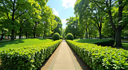 Fototapeta premium Lush garden shrubs lining a wide pathway in a sunny park 