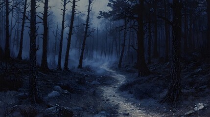 Obraz premium Eerie twilight path winding through a haunting misty forest filled with blackened twisted trees creating a spooky atmospheric scene perfect for a Halloween setting