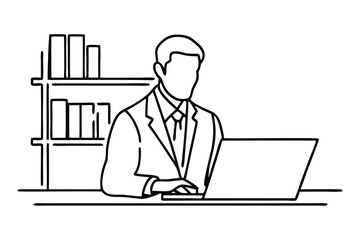  Man in a suit and tie sits at a desk, focused on his laptop, conveying professionalism and dedication Line art flat vector illustration.