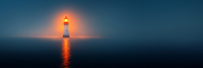 A tranquil night scene with a lighthouse beacon shining brightly over a calm, dark sea, evoking a sense of peace and navigation,