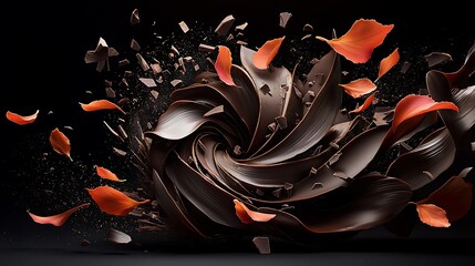 Swirling chocolate, exploding petals, dark background; food, dessert, advertising
