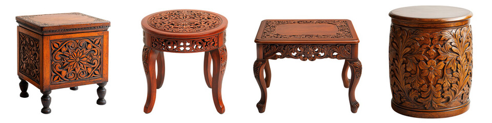 Collection of intricately carved and elaborately ornamented wooden furniture pieces such as stools side tables and pedestals