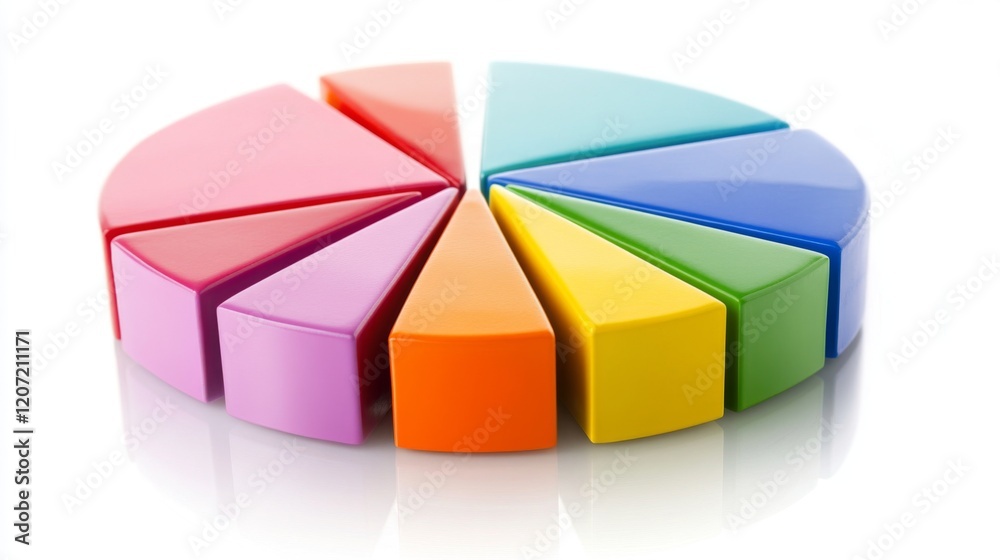 Leinwandbilder a vibrant pie chart with segments in various colors, each part slightly separated, set on a reflecti