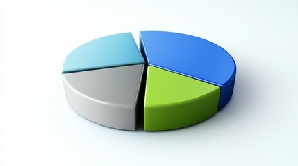 Obraz premium A vibrant pie chart with sections in various shades of blue, green, and gray, displayed on a bright white background for a crisp, clean financial look