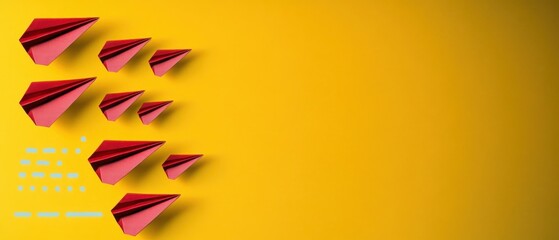 Colorful paper airplanes flying against a bright yellow background, representing creativity and innovation. suggesting creativity and fun in aviation. creative solution . symbolizing freedom