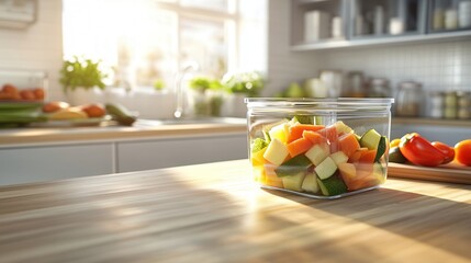 A vibrant jar brimming with colorful vegetables sits invitingly on a rustic kitchen counter, radiating freshness and culinary inspiration.