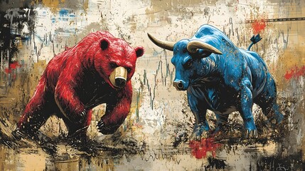 Vibrant and dynamic depicting a red bear and blue bull in an intense financial clash set against a fluctuating market chart background