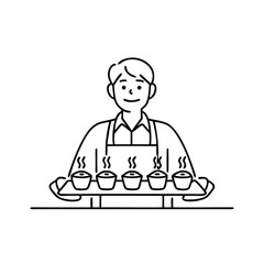 Smiling man presents a tray filled with coffee Line art flat vector illustration.