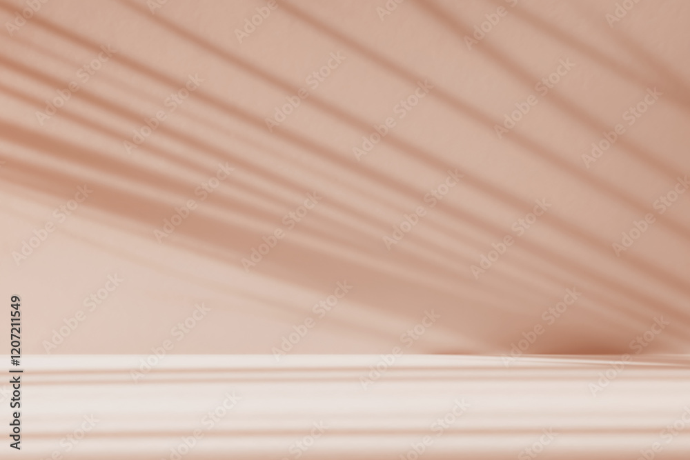 Poster Abstract beige color studio background for product presentation. Empty room with shadows of window and palm leaves . 3d brown room with copy space. Summer concept. Blurred backdrop.