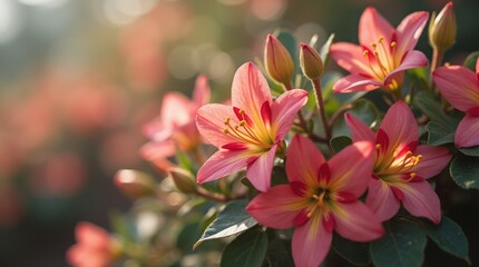Fototapeta premium Vibrant pink lilies blooming in a sunlit garden with a soft-focus background