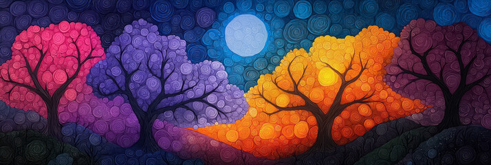 A vibrant fusion of abstract bubble trees with whimsical, fairy-tale inspired elements and a rich, colorful palette, evoking wonder,