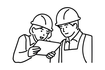  Two individuals in hard hats examining a tablet, engaged in a discussion about their project or work site Line art flat vector illustration.