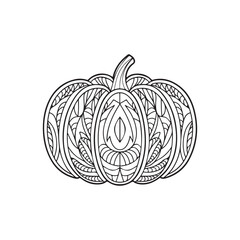 Decorative vector pumpkin in doodle style. Mandala style illustration. Bright autumn symbol. Lace element for design. Festive postcard. Isolated on white background