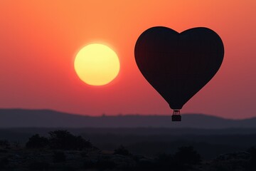 Fototapeta premium Heart-Shaped Hot Air Balloon Silhouetted by Sunset Sky