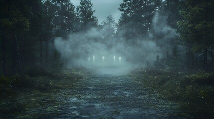 A dark foreboding forest path winds its way towards a haunting mist filled clearing where ghostly ethereal figures hover in the obscuring haze creating an unsettling otherworldly atmosphere