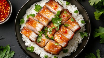 A warm and inviting image of fried pork belly served on a bed of rice, garnished with fresh herbs and accompanied by a small dish of chili sauce