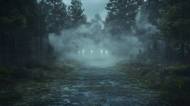 A dark foreboding forest path winds its way towards a haunting mist filled clearing where ghostly ethereal figures hover in the obscuring haze creating an unsettling otherworldly atmosphere