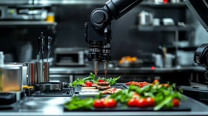 Fototapeta premium Robotic Arm Precisely Plating Food in Modern Restaurant Kitchen