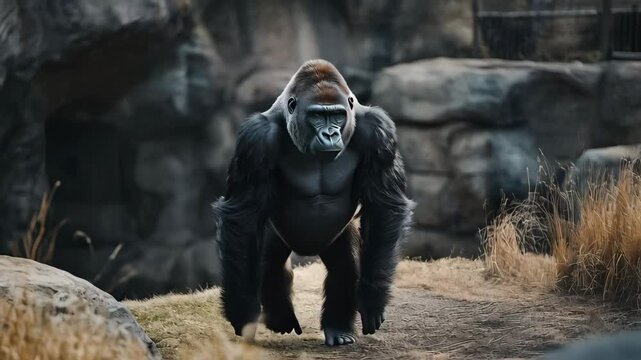 big gorilla monkey walking in zoo