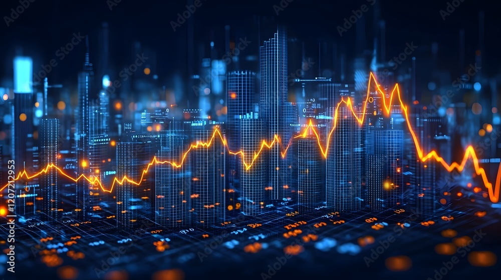 Poster a high impact financial graph background with overlapping data visualization trends and glowing futu