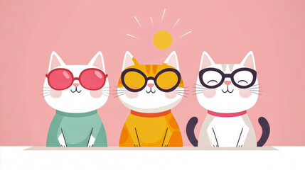 Fototapeta premium Three Stylish Cats: A Cute Illustration of Felines in Sunglasses and Eyeglasses