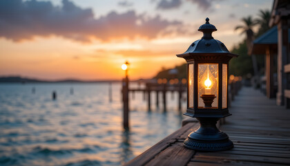 Naklejka premium Elegant garden lantern illuminating the waterfront at sunset