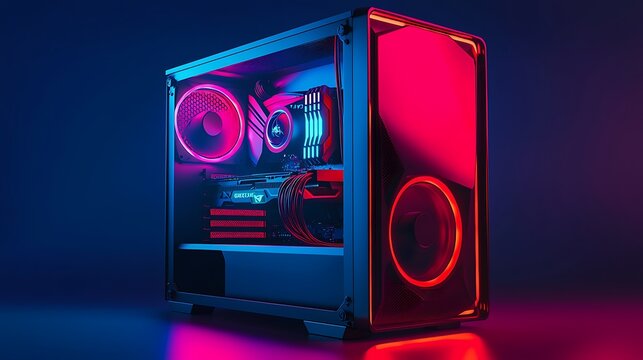 RGB PC gaming rig, neon studio, illuminated components, future tech
