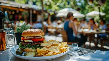 Enjoying a juicy burger with sides in a vibrant outdoor restaurant setting on a sunny day