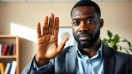Black HR manager showing hand gesture to halt workplace racism bullying and harassment