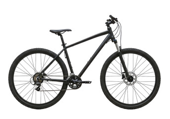 black modern mountain bike with slim tires, isolated on white background