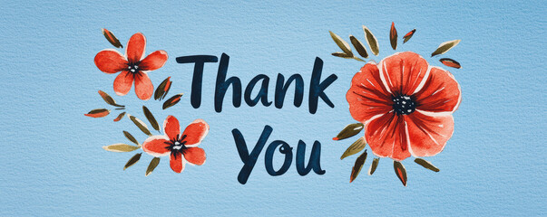 A beautiful illustration of flowers and the phrase 'Thank You' on a soft blue background.