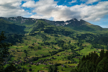 Obraz premium Idyllic aerial view on a village in the Bernese Alps of Switzerland with green meadows in Grindelwald. Photograph in springtime.