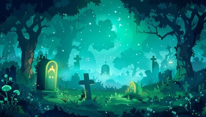 A mystical, green-lit graveyard with glowing gravestones and a mysterious archway under the moonlit sky.