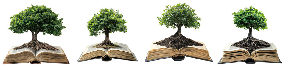 tree growing through open book symbolizes knowledge and nature harmony