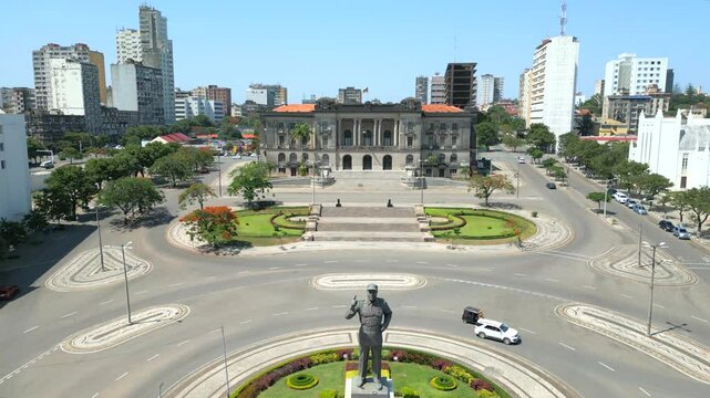 Main Facade Of Maputo City Hall From Independence Square In Mozambique. - aerial shot
