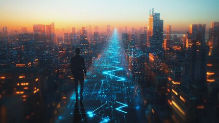 Fototapeta premium abstract professional business team people connection of line from nail node to node on Smart digital cityscap and skyline background , Innovation networking concept