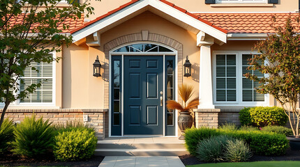 Obraz premium Elegant Home Exterior: Brick Facade, Modern Design, Landscaped Garden