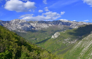 Fototapeta premium Velebit range mountains, Croatia landscape, panoramic aerial view of famous European travel destination, Dalmatia, Croatia. Europe,