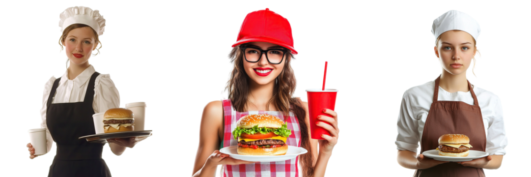 Three young women in chef attire serve delicious cheeseburgers and drinks, showcasing diverse culinary styles. On transparent background - Powered by Adobe