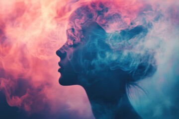 Silhouette of a woman surrounded by colorful smoke in a captivating artistic display