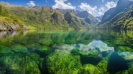 Serene fjord landscape, clear water reflecting mountains, idyllic summer day, perfect for travel brochures