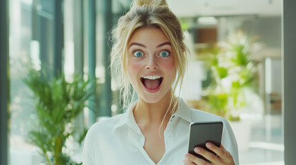 Fototapeta premium Joyful businesswoman with smartphone in office room