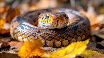 Obraz premium Closeup view of a venomous snake curled and coiled among wooden textures dried leaves and natural forest undergrowth on a sunlit forest floor