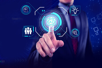 The concept of artificial intelligence (Ai) technology. AI technology is being used by businessmen to assist in their work. utilizing artificial intelligence to link a worldwide network.